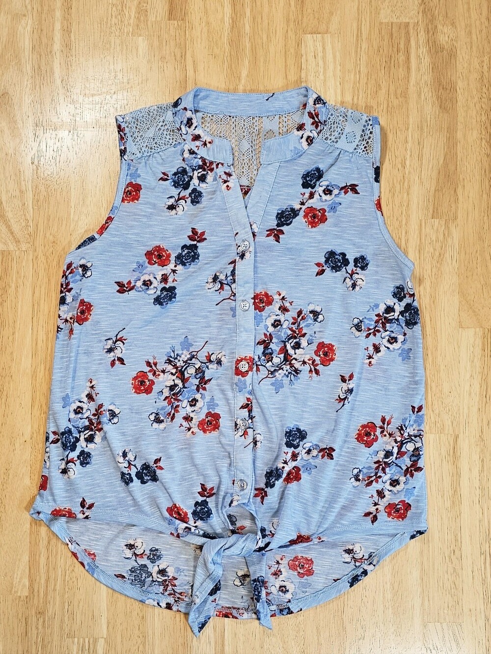 Blue Floral Lace Tie-Front Button Down Blouse
